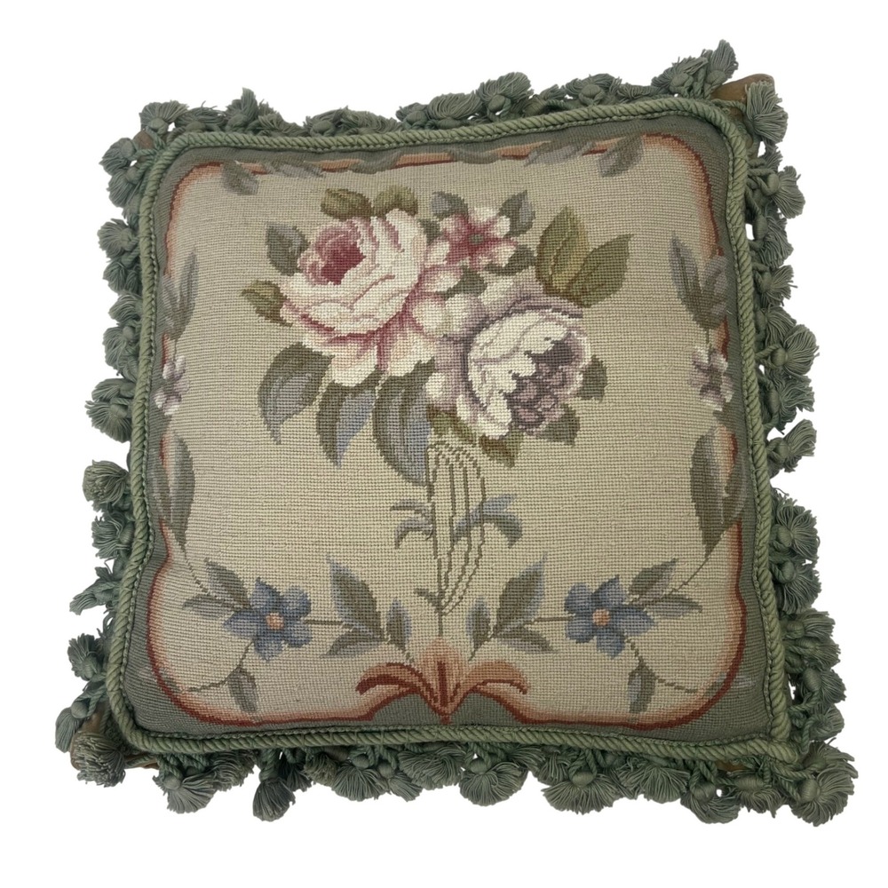 VTG Aubusson Tapestry‎ Rose Green Fringe Needlepoint Feather Down Country Pillow